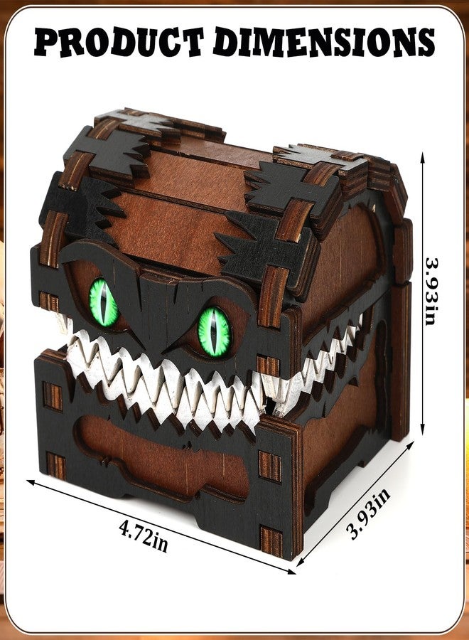 JULEASEL Mimic Dice Box - Wooden Monster Treasure Chest with Teeth & Green Eyes, Halloween Desk Decor Creepy Box, Funny Dice Storage for Tabletop RPG & Fantasy Games (Grimjaw) - Image 3
